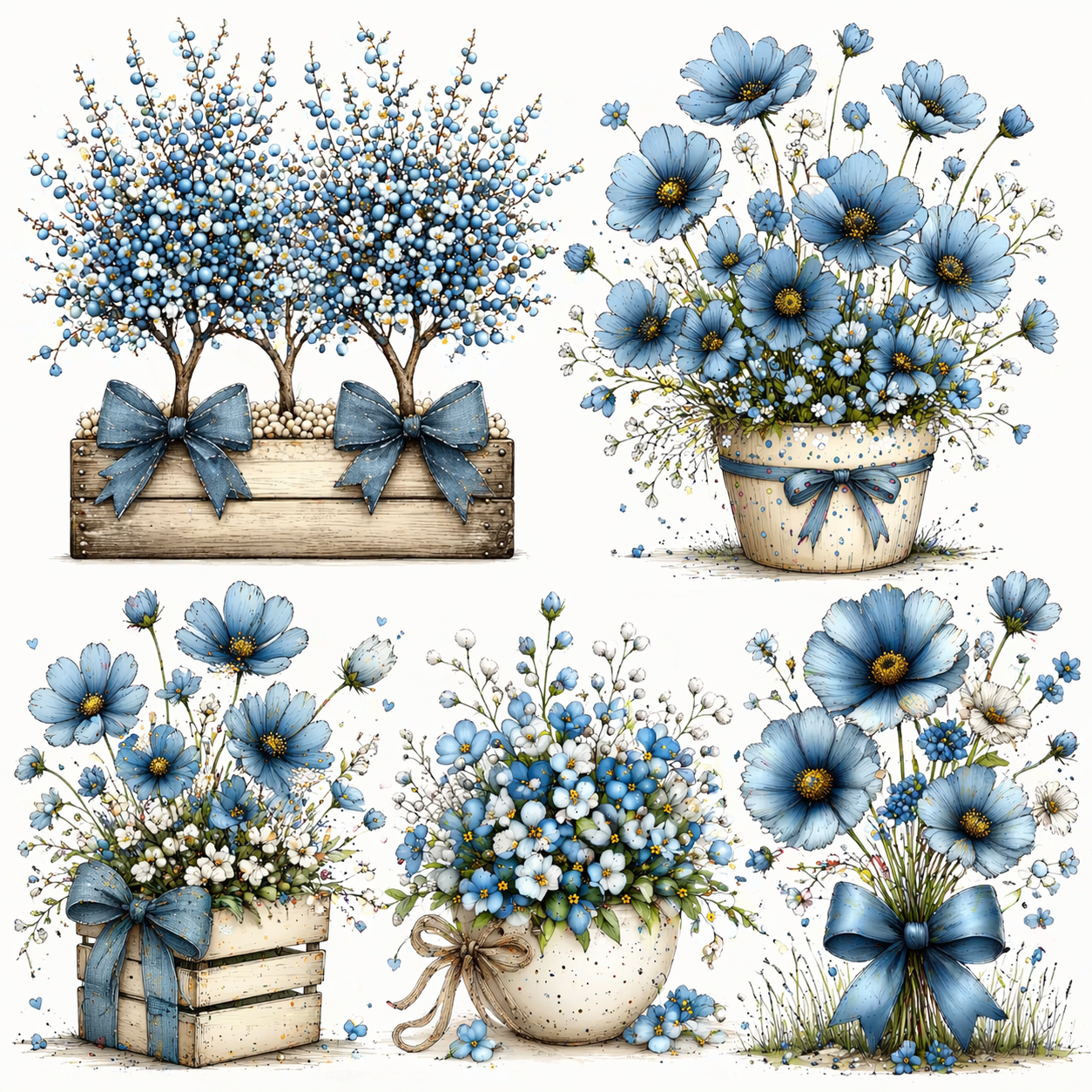 Blue Floral Clipart Set – Elegant Flower Bouquet PNG, Rustic Flower Arrangements Digital Download for Crafts & Design VIMANO