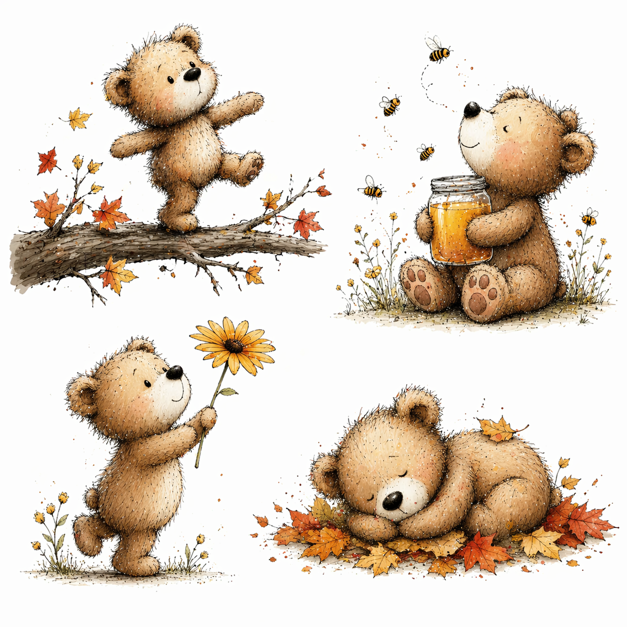 VIMANO Teddy Bear Clipart Set – Cute Bear PNG, Autumn Woodland Animals Digital Download for Crafts, Stickers & Design