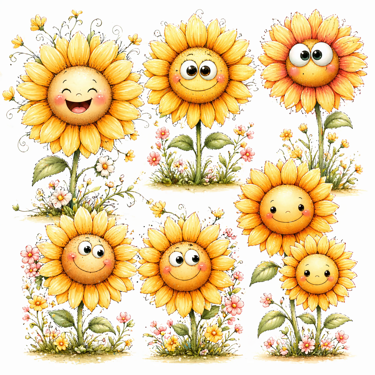VIMANO Cute Sunflower Clipart Set – Kawaii Floral Digital Download PNG, Smiling Sunflower Illustrations for Crafts & Design