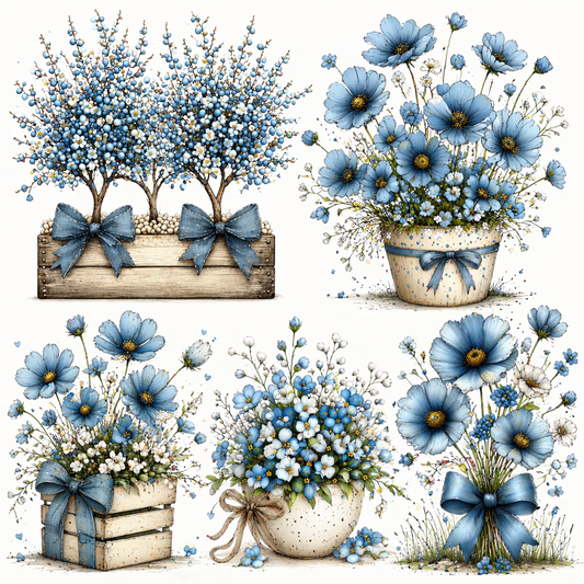 Blue Floral Clipart Set – Elegant Flower Bouquet PNG, Rustic Flower Arrangements Digital Download for Crafts & Design VIMANO