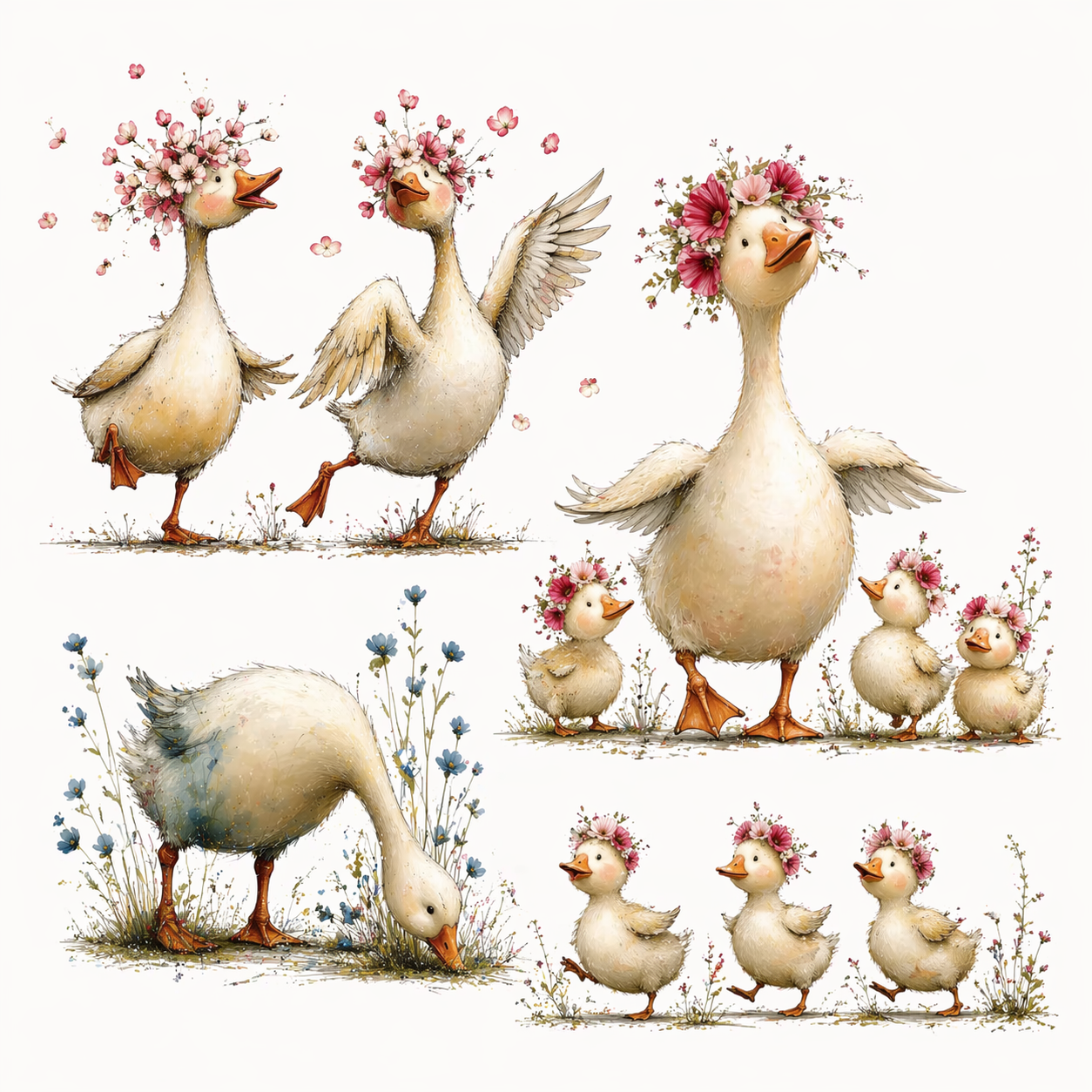 VIMANO Goose Clipart Set – Cute Duck Family PNG, Floral Farm Animals Digital Download for Crafts, Stickers & Design